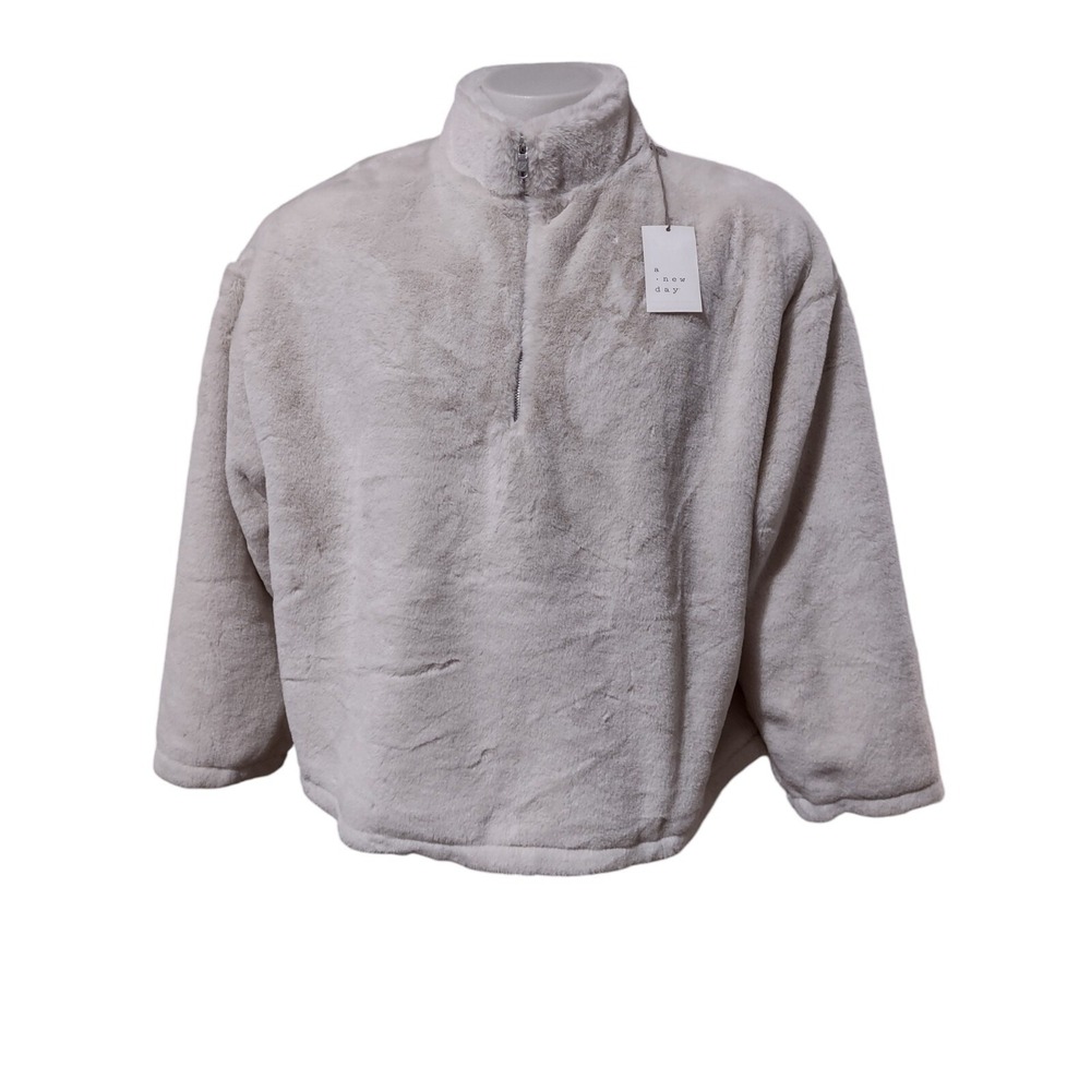A New Day Faux Fur Pullover Large Women Cozy Core Cabin Core Cream Quarter Zip L